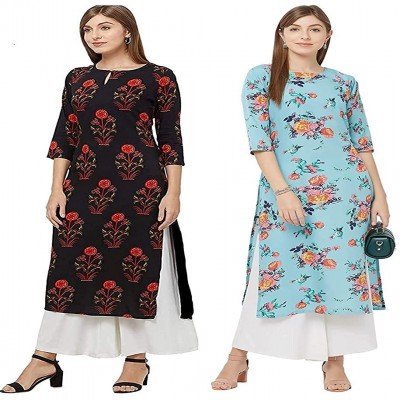 GoSriKi Women's Multicolor Printed Straight Kurta Pack of 02(Pista-Kurta & GUL-Black)