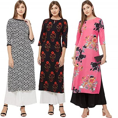 GoSriKi Women's Crepe Straight Kurta (Pack of 3) (KURTI-COMBO-PACK-3-003-M_Multi_M)