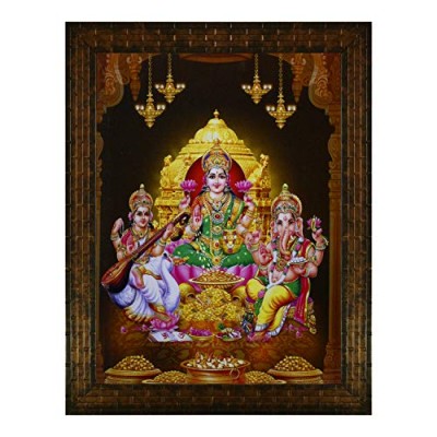 Indianara LAXMI GANESH SARASWATI Painting -Synthetic Wood, 27x30.5x1cm, Multicolour