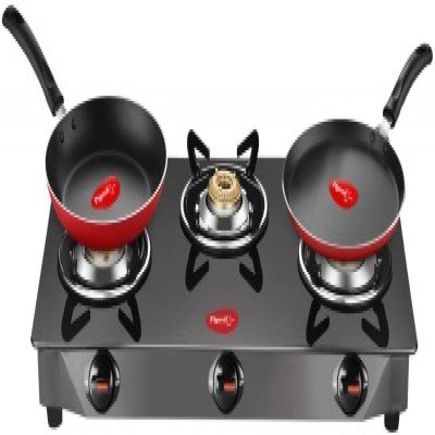 Pigeon Gas Stove Combo - Brunet 3 Burner Gas Cooktop + Flat tawa 250 + Fry Pan 240 Stainless Steel Manual Gas Stove(3 Burners)