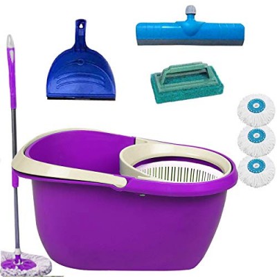 V-Mop Plastic Mop Bucket With Steel Rod, Heads, Tile Scrub, Duster & Floor Wiper (Assorted Color, 9 Pieces)