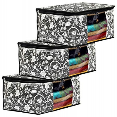 Kuber Industries Metalic Flower Print 3 Piece Non Woven Fabric Saree Cover/Clothes Organiser For Wardrobe Set with Transparent Window, Extra Large (Black)-KUBMART16517