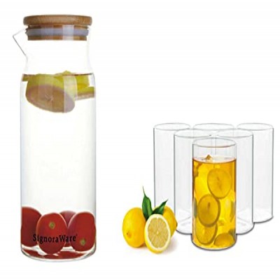 Signoraware Ilusion Borosilicate Glass Regular, Set of 6, 290ml Each and Desire Borosilicate Glass Jug with Bamboo lid 1000ml, Set of 1, Transparent