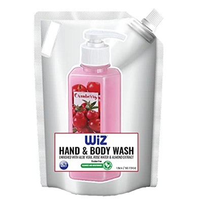 WiZ Hand & Body Wash 2in1 Refill, Aloe Vera & Almond Extract, Cranberry 1.5L, Paraben Free, Germ Fighter, Moisturiser