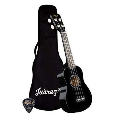 Juarez Junior 53.34 cm (21") Soprano Ukulele, Linden Wood Top & Body, Nylon Strings, Chrome Open Machine, Rosewood Fretboard with Gig Bag, 1 Pick, Black