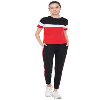 GRITSTONES Women Black & Red Color T-Shirt and Trackpant Coed Set (GSWNCOED2662BLKRD_XL)