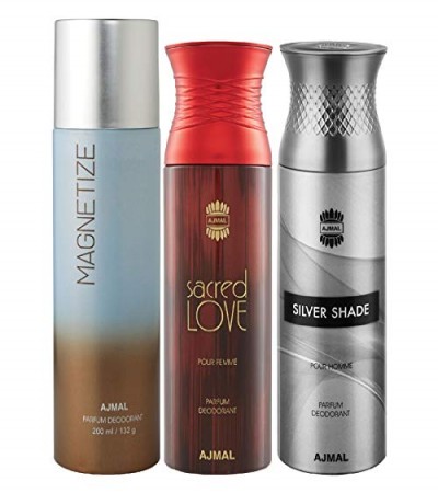 Ajmal 1 Magnetize for Men & Women, 1 Sacred Love for Women and 1 Silver Shade for Men Deodorants each 200ML Combo pack of 3 (Total 600ML) + 1 Perfume Tester